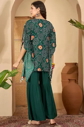 bandhani Printed Square Neck Beads And Stones Kaftan Kurti With Sharara