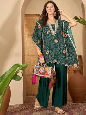 bandhani Printed Square Neck Beads And Stones Kaftan Kurti With Sharara 7