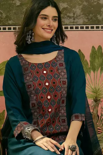 Printed Round Neck Kurta & Palazzos With Dupatta
