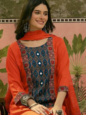 Embroidered Round Neck Kurta & Palazzos With Dupatta 2