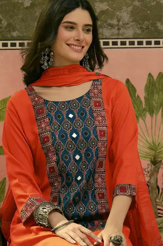Embroidered Round Neck Kurta & Palazzos With Dupatta