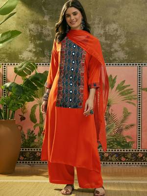 Embroidered Round Neck Kurta & Palazzos With Dupatta 1