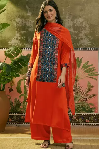 Embroidered Round Neck Kurta & Palazzos With Dupatta