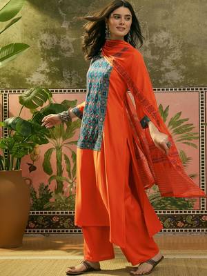 Embroidered Round Neck Kurta & Palazzos With Dupatta 5