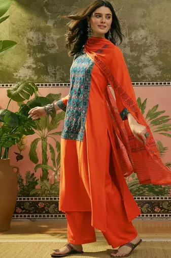 Embroidered Round Neck Kurta & Palazzos With Dupatta