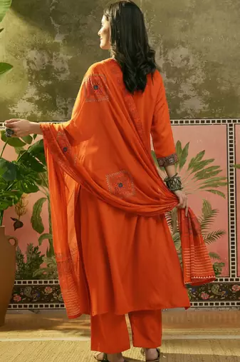 Embroidered Round Neck Kurta & Palazzos With Dupatta