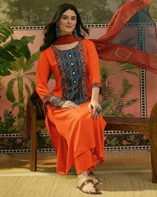 Embroidered Round Neck Kurta & Palazzos With Dupatta 7
