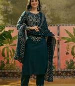 Printed V Neck Kurta Trousers & Dupatta