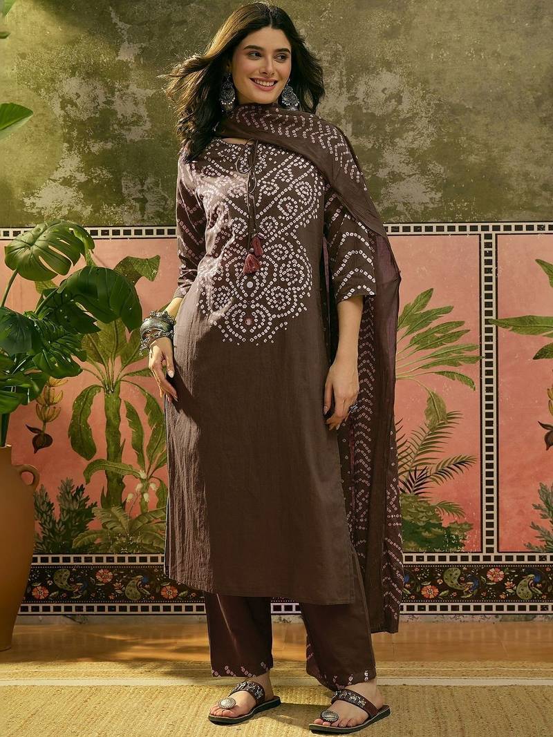 Printed Pure Cotton Round Neck Kurta & Trousers With Dupatta