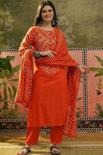 Printed Pure Cotton Round Neck Kurta & Trousers With Dupatta