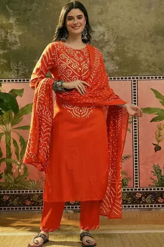 Printed Pure Cotton Round Neck Kurta & Trousers With Dupatta
