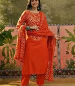 Printed Pure Cotton Round Neck Kurta & Trousers With Dupatta