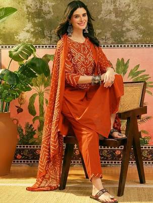 Printed Pure Cotton Round Neck Kurta & Trousers With Dupatta 6