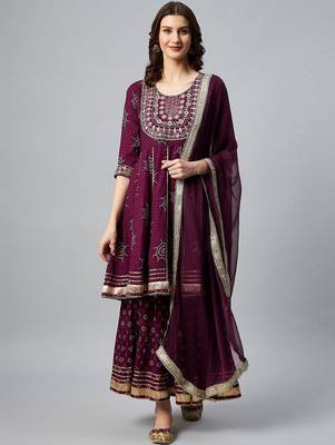 Women Purple Bandhani Printed Kurta with Sharara & With Dupatta 1
