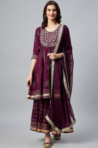 Women Purple Bandhani Printed Kurta with Sharara & With Dupatta