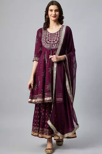 Women Purple Bandhani Printed Kurta with Sharara & With Dupatta