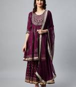 Women Purple Bandhani Printed Kurta with Sharara & With Dupatta