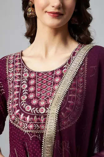 Women Purple Bandhani Printed Kurta with Sharara & With Dupatta