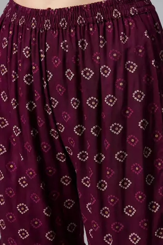 Women Purple Bandhani Printed Kurta with Sharara & With Dupatta