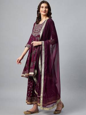 Women Purple Bandhani Printed Kurta with Sharara & With Dupatta 5