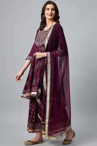 Women Purple Bandhani Printed Kurta with Sharara & With Dupatta