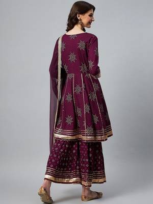 Women Purple Bandhani Printed Kurta with Sharara & With Dupatta 6