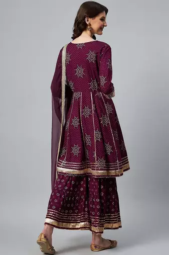 Women Purple Bandhani Printed Kurta with Sharara & With Dupatta