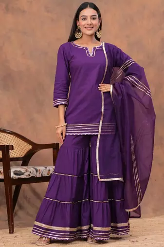 Women Regular Gotta Patti Pure Cotton Straight Kurta with Sharara & Dupatta