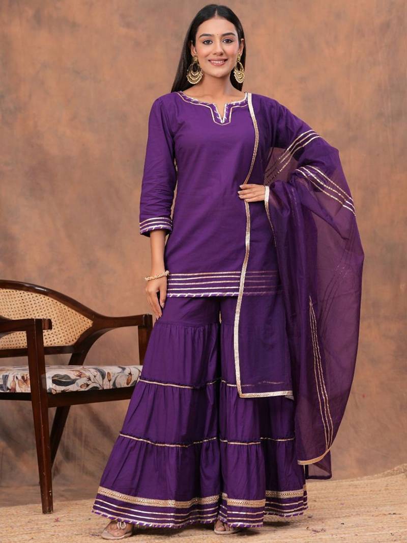 Women Regular Gotta Patti Pure Cotton Straight Kurta with Sharara & Dupatta