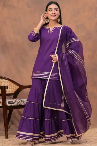Women Regular Gotta Patti Pure Cotton Straight Kurta with Sharara & Dupatta