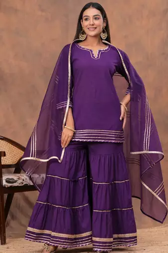 Women Regular Gotta Patti Pure Cotton Straight Kurta with Sharara & Dupatta