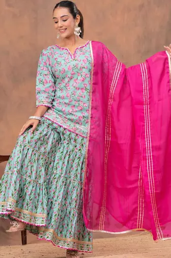 Women Floral Printed V-Neck Gotta Patti Pure Cotton Kurta with Sharara & Dupatta
