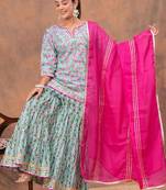Women Floral Printed V-Neck Gotta Patti Pure Cotton Kurta with Sharara & Dupatta
