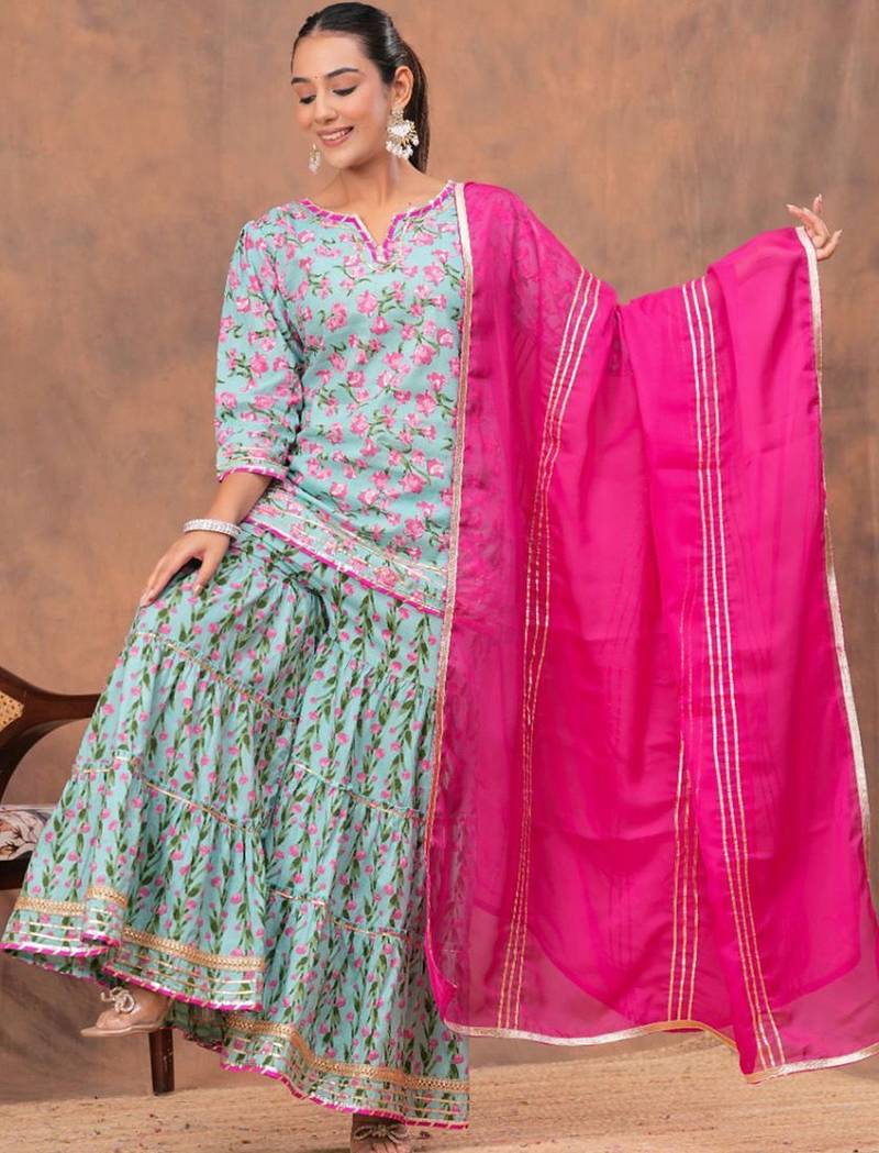 Women Floral Printed V-Neck Gotta Patti Pure Cotton Kurta with Sharara & Dupatta