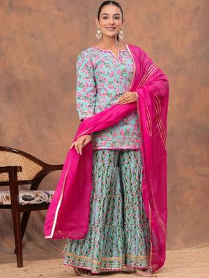 Women Floral Printed V-Neck Gotta Patti Pure Cotton Kurta with Sharara & Dupatta 3