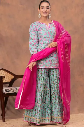 Women Floral Printed V-Neck Gotta Patti Pure Cotton Kurta with Sharara & Dupatta