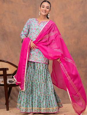 Women Floral Printed V-Neck Gotta Patti Pure Cotton Kurta with Sharara & Dupatta 4