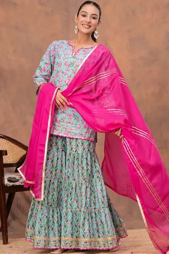 Women Floral Printed V-Neck Gotta Patti Pure Cotton Kurta with Sharara & Dupatta