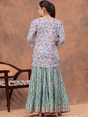 Women Floral Printed V-Neck Gotta Patti Pure Cotton Kurta with Sharara & Dupatta 5