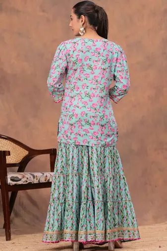 Women Floral Printed V-Neck Gotta Patti Pure Cotton Kurta with Sharara & Dupatta