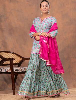 Women Floral Printed V-Neck Gotta Patti Pure Cotton Kurta with Sharara & Dupatta 6