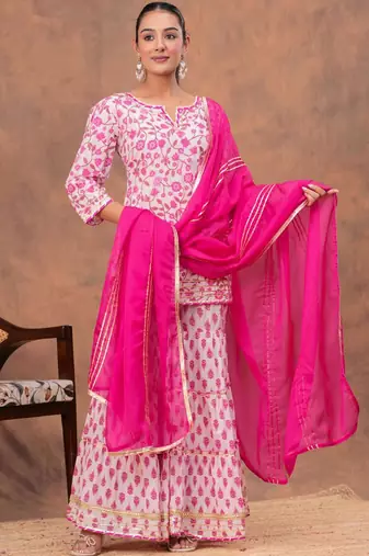 Women Floral Printed Pure Cotton Kurti with Sharara & Dupatta