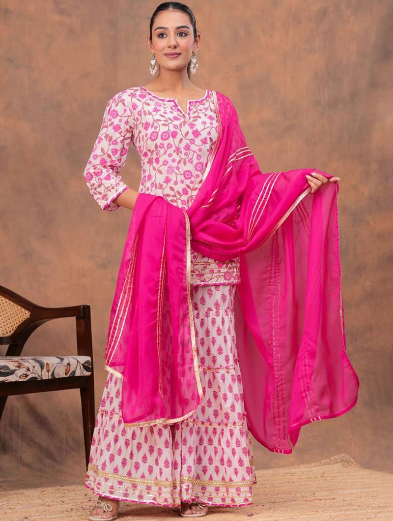 Women Floral Printed Pure Cotton Kurti with Sharara & Dupatta