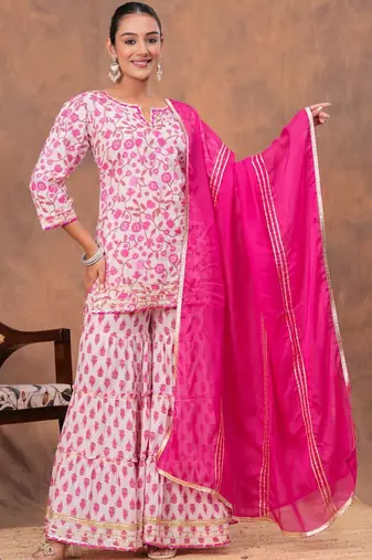 Women Floral Printed Pure Cotton Kurti with Sharara & Dupatta