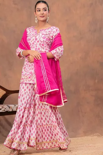 Women Floral Printed Pure Cotton Kurti with Sharara & Dupatta