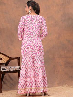 Women Floral Printed Pure Cotton Kurti with Sharara & Dupatta 5