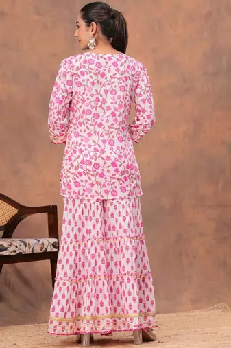 Women Floral Printed Pure Cotton Kurti with Sharara & Dupatta