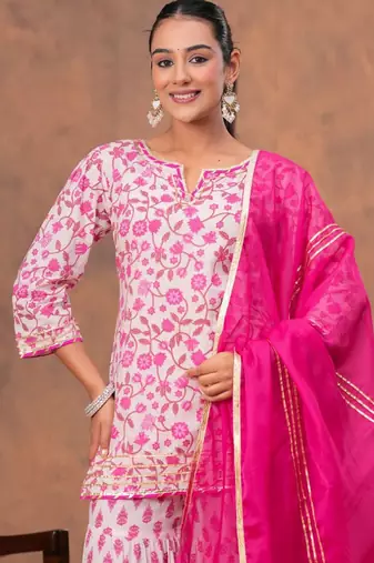 Women Floral Printed Pure Cotton Kurti with Sharara & Dupatta