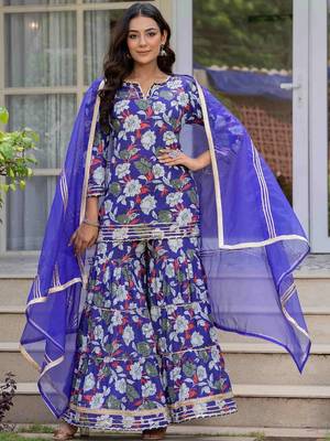 Women Floral Printed Pure Cotton Kurta with Sharara & Dupatta 1