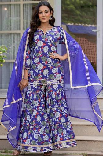 Women Floral Printed Pure Cotton Kurta with Sharara & Dupatta
